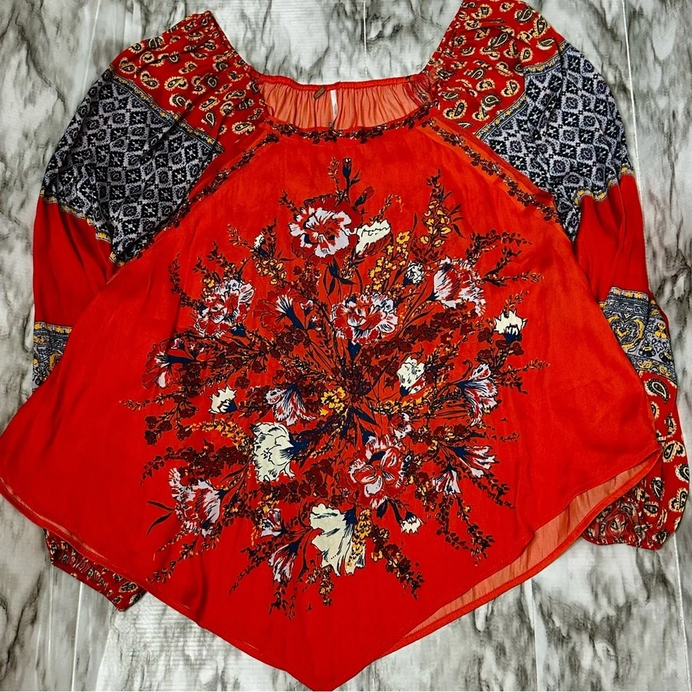 Free People Asymmetrical Embellished Raglan Blouse Orange Romantic Boho Chic